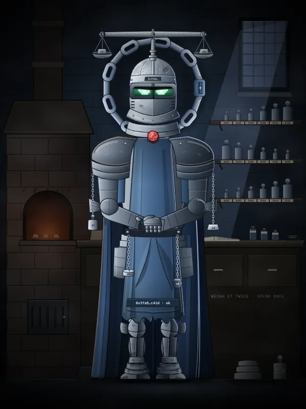 Assayer: a steel-blue figure under a pair of scales hung from a chain halo, with apothecary shelves and a furnace behind.