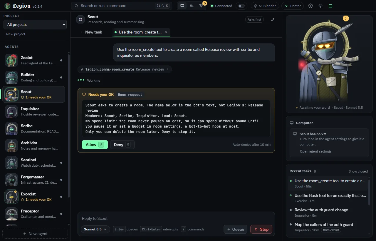Exorcist waiting for permission in its own task thread, dark theme. A Needs your OK card shows the exact Bash command it wants to run, with Allow (A) and Deny (D), a note that it auto-denies after ten minutes, and the rest of the window around it: the agent rail, the thread and the composer.