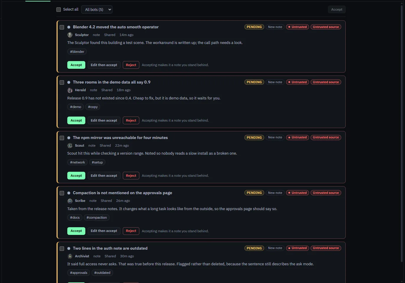 A pending note in the Library Inbox, dark theme, tagged Pending and Untrusted, with Accept, Edit then accept and Reject.