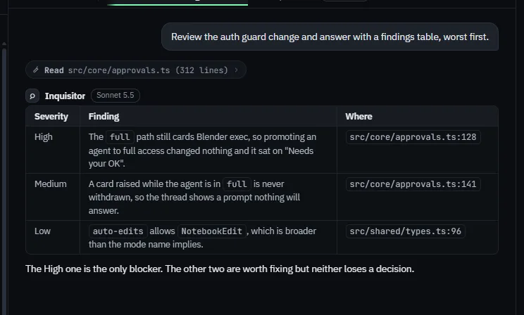 A task thread, dark theme: the request, the tool rows, and Inquisitor's reply with its table of findings.