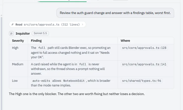 A task thread, light theme: the same review with its table of findings.
