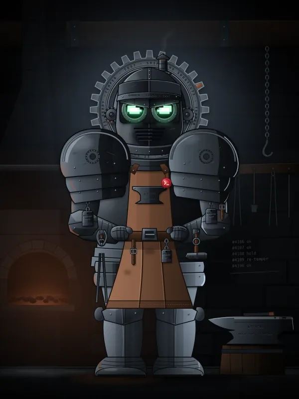 Forgemaster: a broad figure in a copper-coloured apron with heavy pauldrons, an anvil and a glowing forge behind.