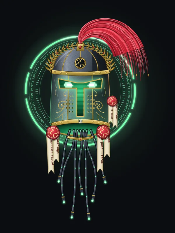 Zealot, the lead bot, as it appears in the app: the Relic, a cracked war helm with a glowing green visor, a gold laurel and a red plume, ringed by a halo of code, with red wax seals and data cables trailing down.