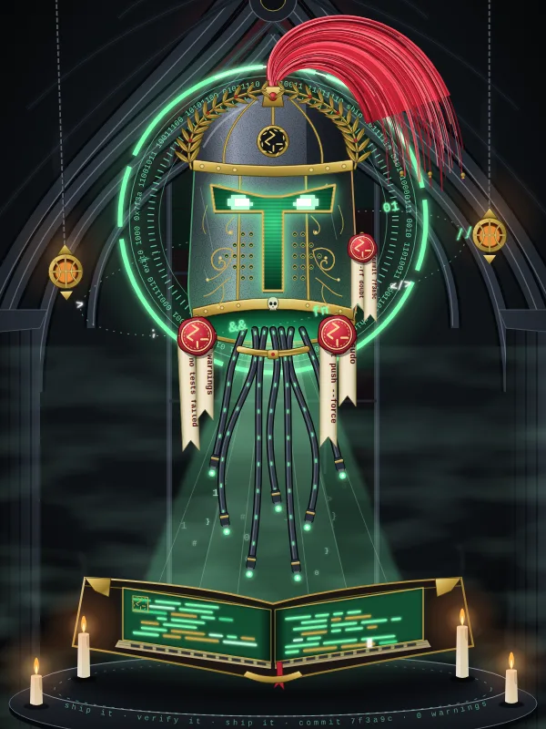 The Relic, Legion's mascot: a cracked war helm with a glowing green visor, a ring of code around it and data cables trailing down to an open book on a candlelit altar.