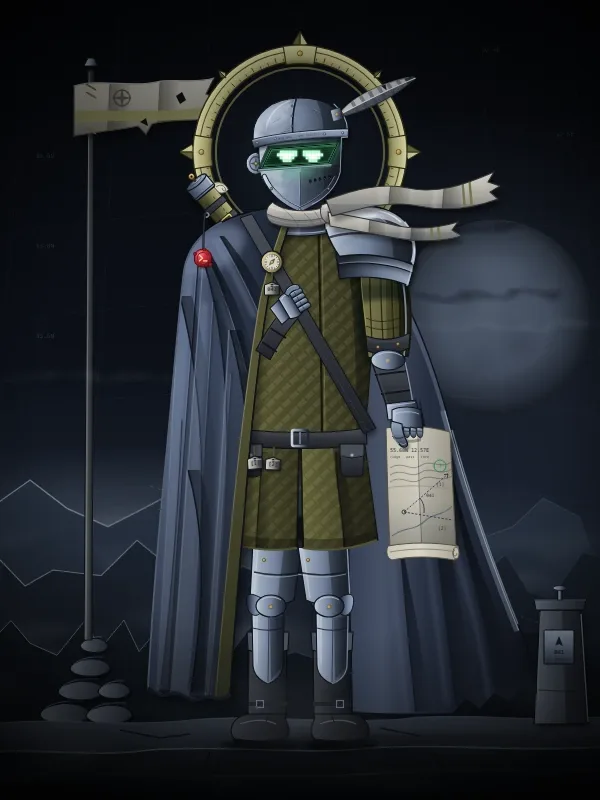 Scout: a figure in a blue-grey cloak and olive tunic holding a map, a pennant and a moon behind.