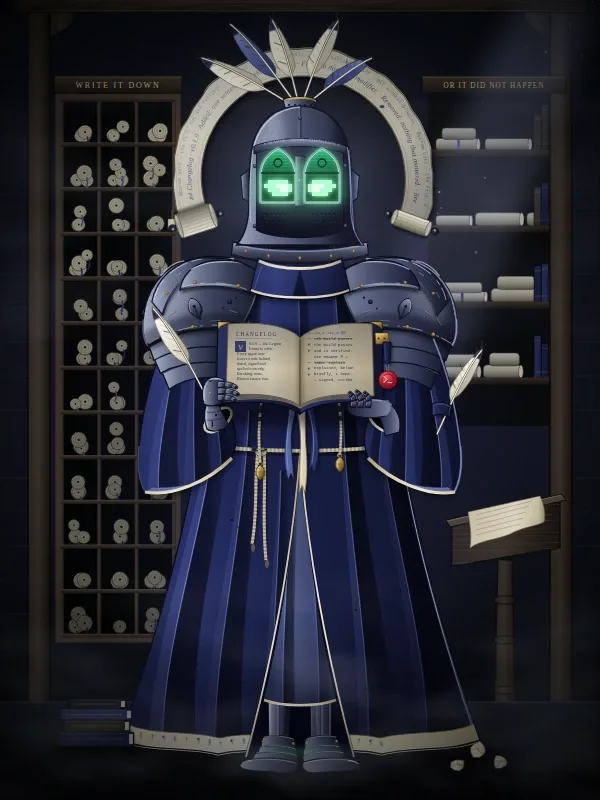 Scribe: a figure in an indigo robe holding an open book and a quill, in front of shelves of pigeonholes.