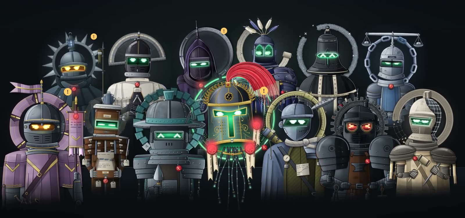The thirteen bots of the muster standing together for a group photo, Zealot at the centre of the front row, several of them caught mid alert with amber eyes and one with red.